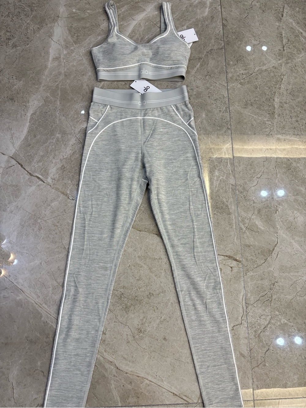 ALO Yoga Light Grey Heather High-Rise Leggings & Matching Sports Bra